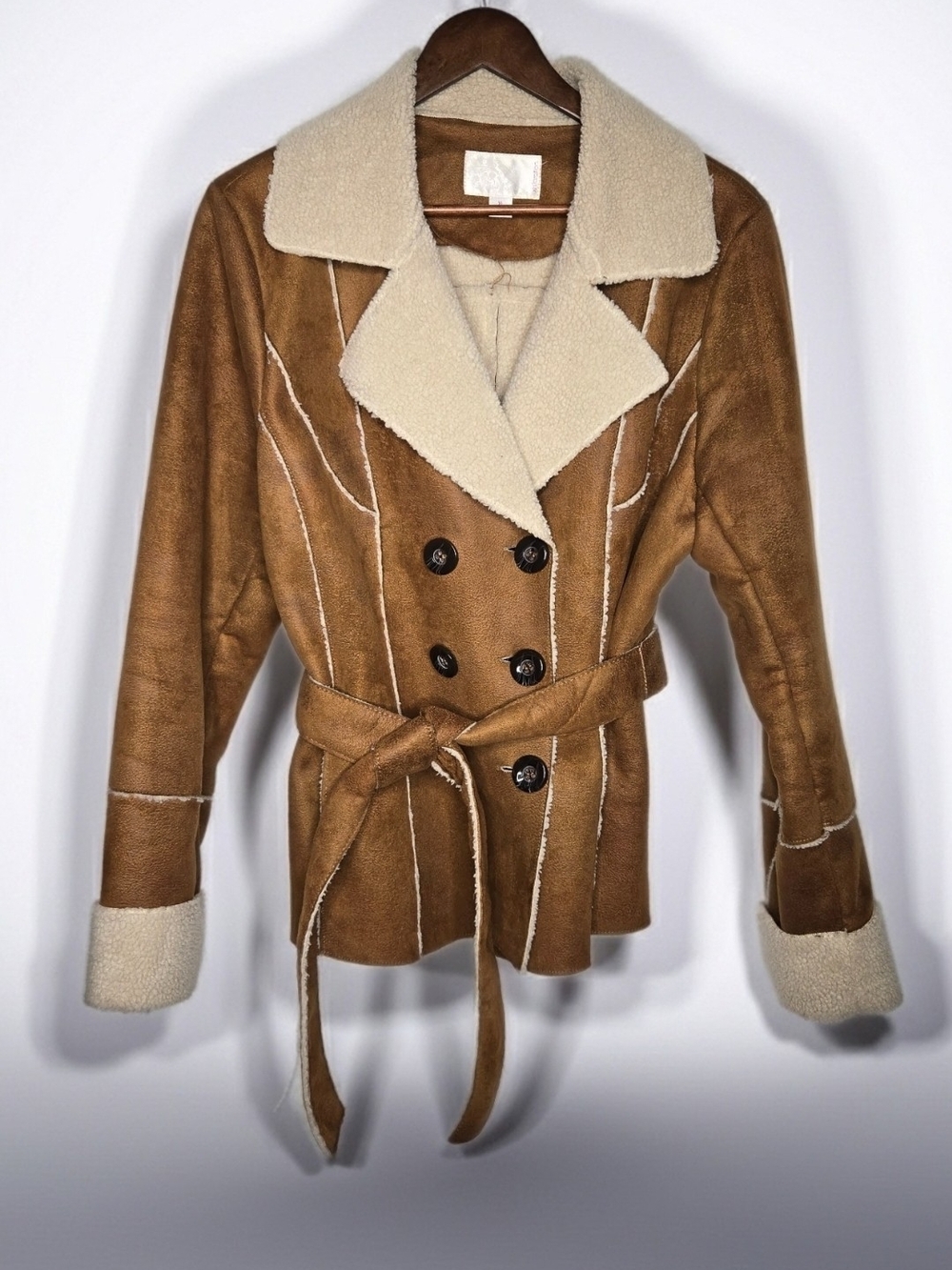 Xhilaration Faux Suede Sherpa Lined Jacket Brown Tan Belted Penny Lane Size XL